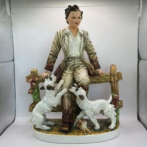 Vintage C. Mollica Italy Porcelain Mantle Statue 'Man With Dogs' c.1940s.